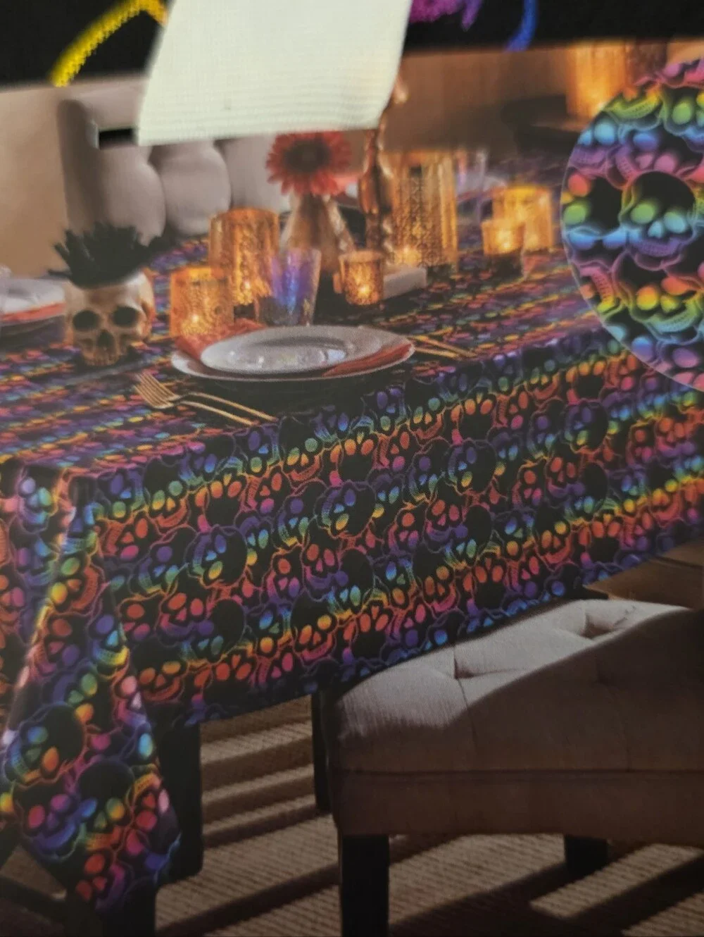 Tahari Multicolor Skeleton Print Tablecloth on Black